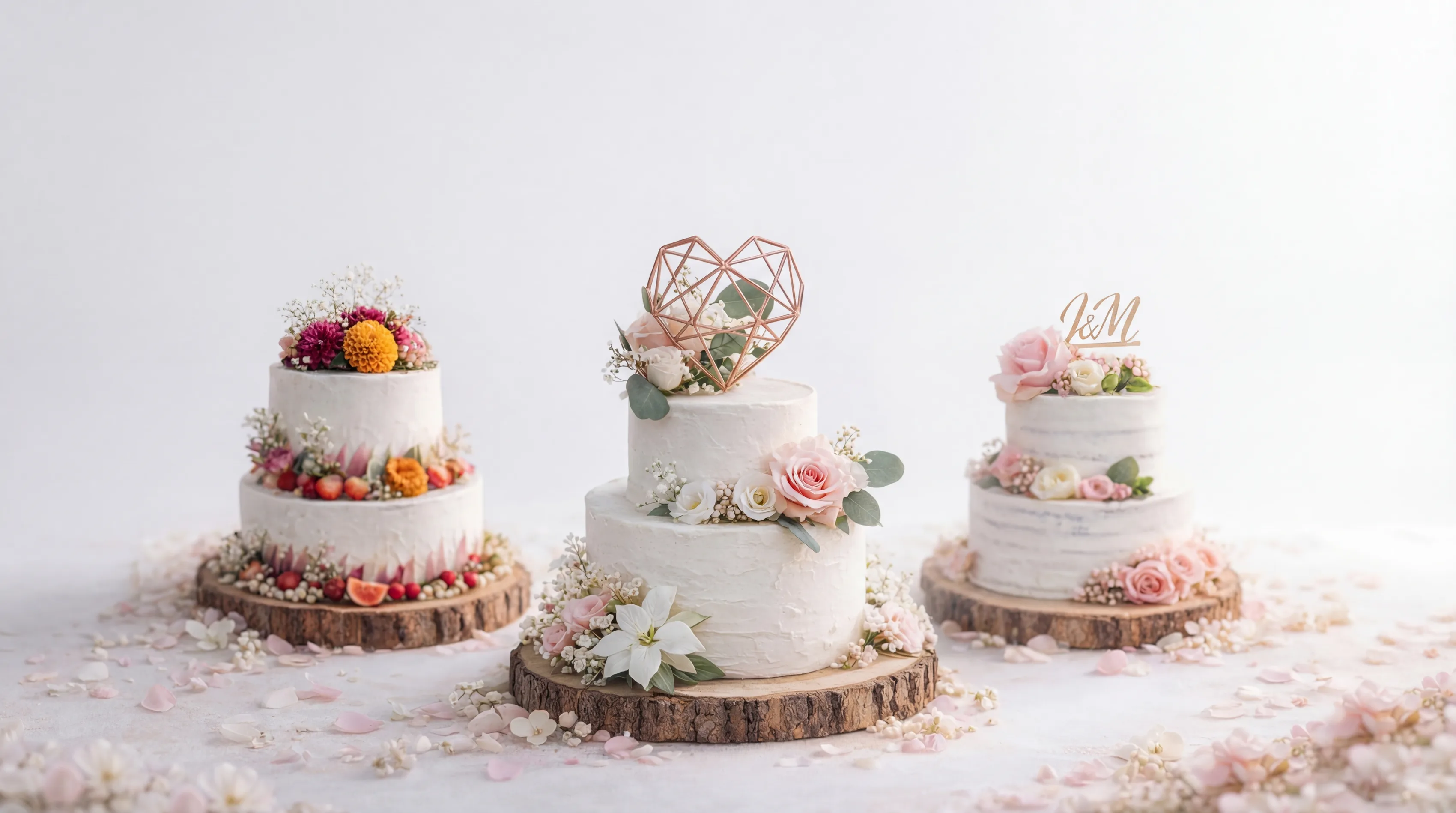 Drei handgemachte Torten auf Holzscheiben mit Blumendekoration